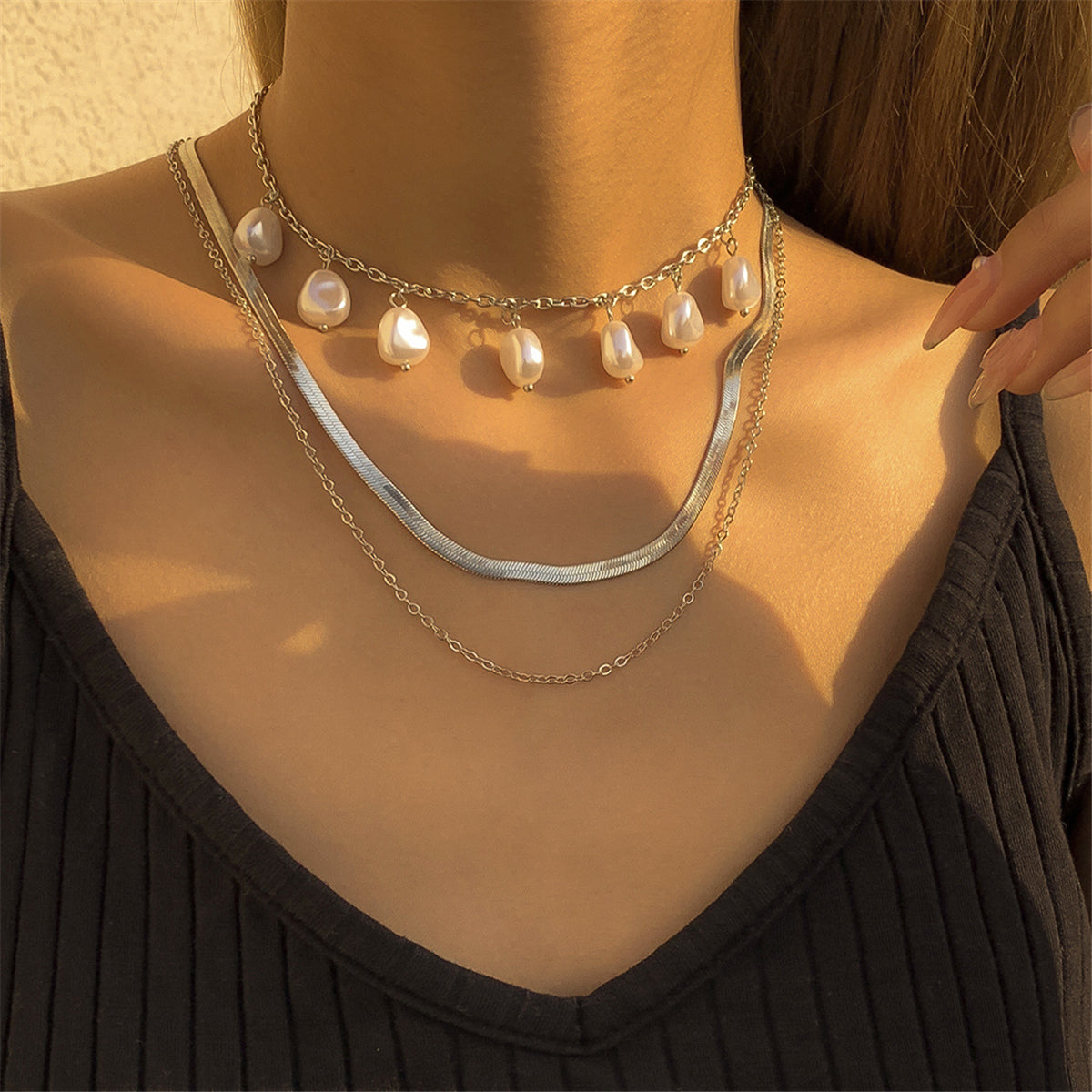 Pearl and Silver-Plated Drop Station Layered Chain Necklace, silver pendant necklace for women, side view