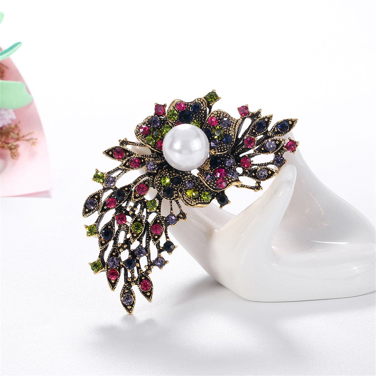Multicolor Cubic Zirconia & Pearl 18K Gold-Plated Flower Brooch