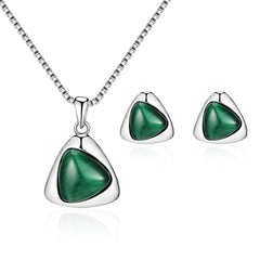 Green & Silver-Plated Triangle Pendant Necklace & Stud Earrings