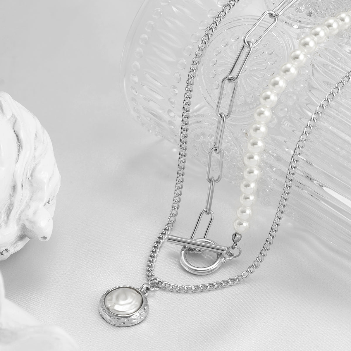 Pearl and Silver-Plated Necklace Set, jewelry gift sets for women, dainty minimalist design, detail close-up