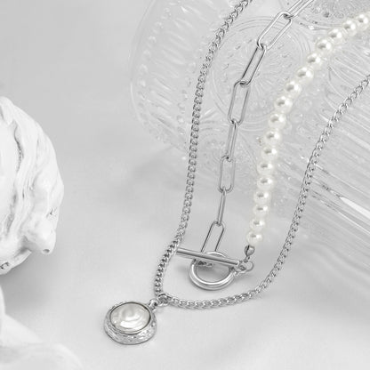 Pearl and Silver-Plated Necklace Set, jewelry gift sets for women, dainty minimalist design, detail close-up