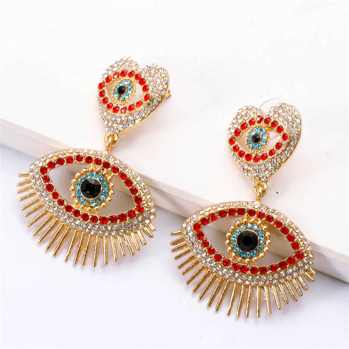 Red Cubic Zirconia and 18K Gold-Plated Evil Eye Drop Earrings, gold drop earrings for women, detail close-up