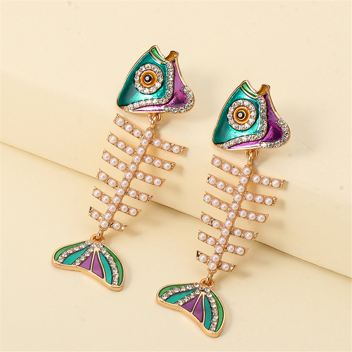 Pearl & Cubic Zirconia Enamel 18K Gold-Plated Fishbone Drop Earrings