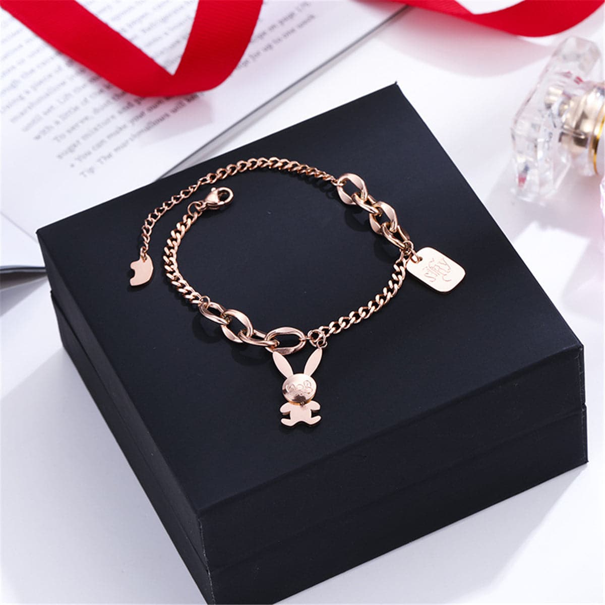 18K Rose Gold-Plated Rabbit & Card Charm Bracelet