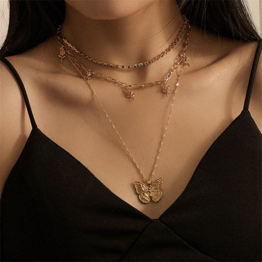 Cubic Zirconia and 18K Gold-Plated Butterfly Layered Pendant Necklace, gold pendant necklace for women, front view