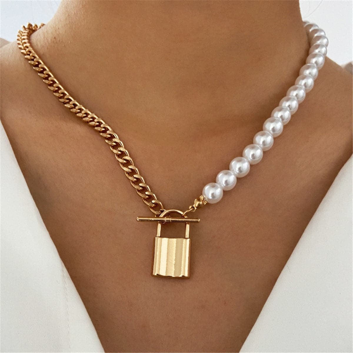 Pearl and 18K Gold-Plated Lock Pendant Necklace, gold pendant necklace for women, dainty minimalist design, front view