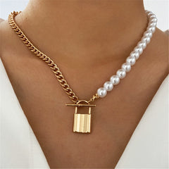 Pearl & 18K Gold-Plated Lock Pendant Necklace
