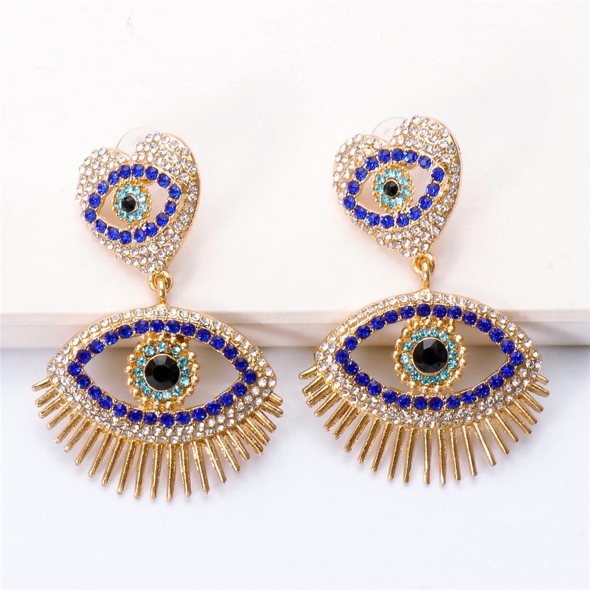 Blue Cubic Zirconia & 18K Gold-Plated Evil Eye Drop Earrings