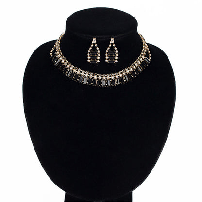 Black Crystal & Cubic Zirconia Drop Earrings & Statement Necklace