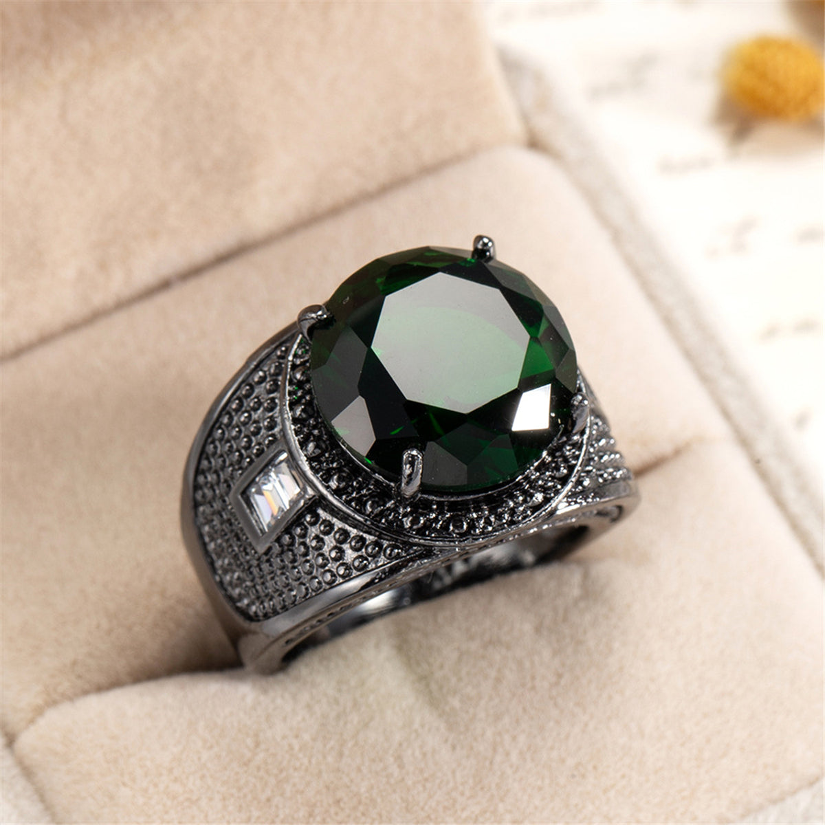 Green Crystal and Black-Tone Wide Ring, statement rings for women, everyday style, lifestyle look