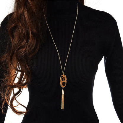 Tan Polyurethane and 18K Gold-Plated Slender Oval Tassel Pendant Necklace, gold pendant necklace for women, styled look