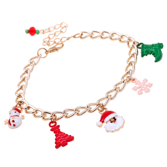 Cubic Zirconia and Acrylic 18K Gold-Plated Christmas Charm Bracelet, gold bracelet for women, botanical inspired, front view