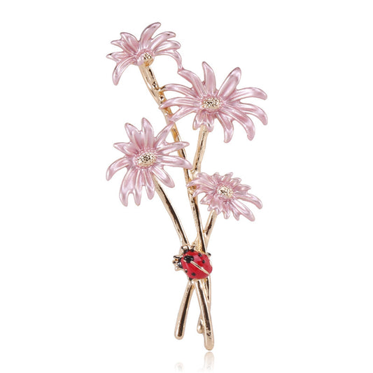 Pink Enamel and 18K Gold-Plated Mum Ladybug Brooch, gold brooch pin, vintage-inspired design, front view