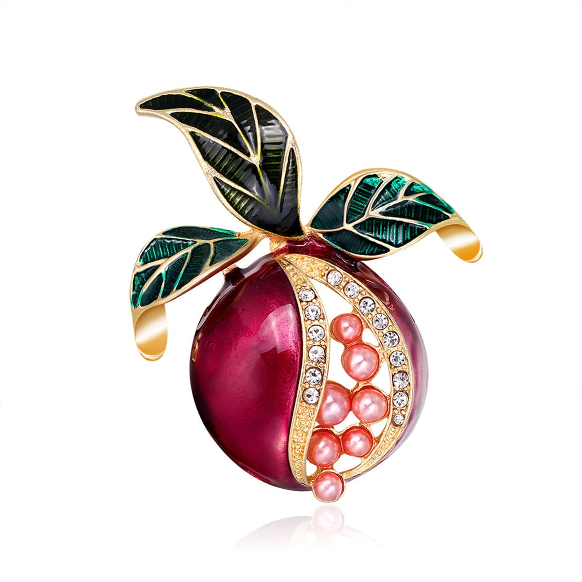 Clear Cubic Zirconia and Pearl Enamel 18K Gold-Plated Pomegranate Brooch, gold brooch pin, detail close-up