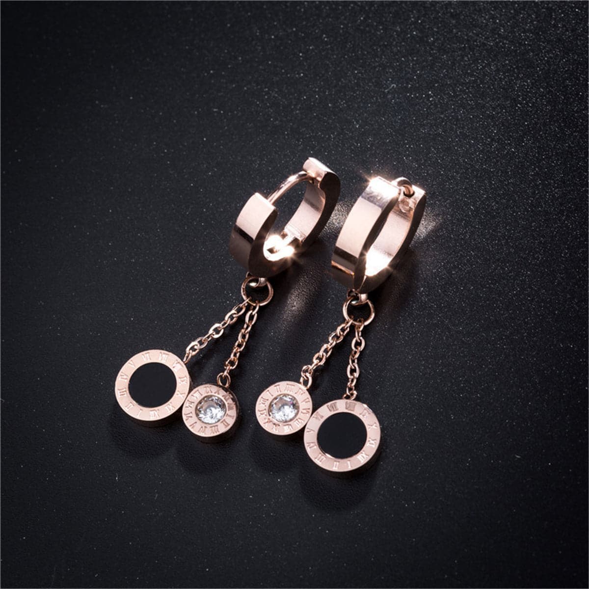 Cubic Zirconia and 18K Rose Gold-Plated Double Ring Drop Earrings, rose gold drop earrings for women, detail close-up