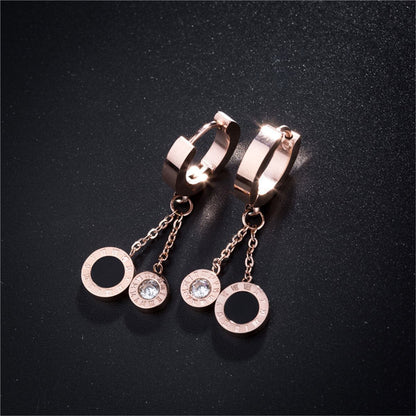 Cubic Zirconia and 18K Rose Gold-Plated Double Ring Drop Earrings, rose gold drop earrings for women, detail close-up