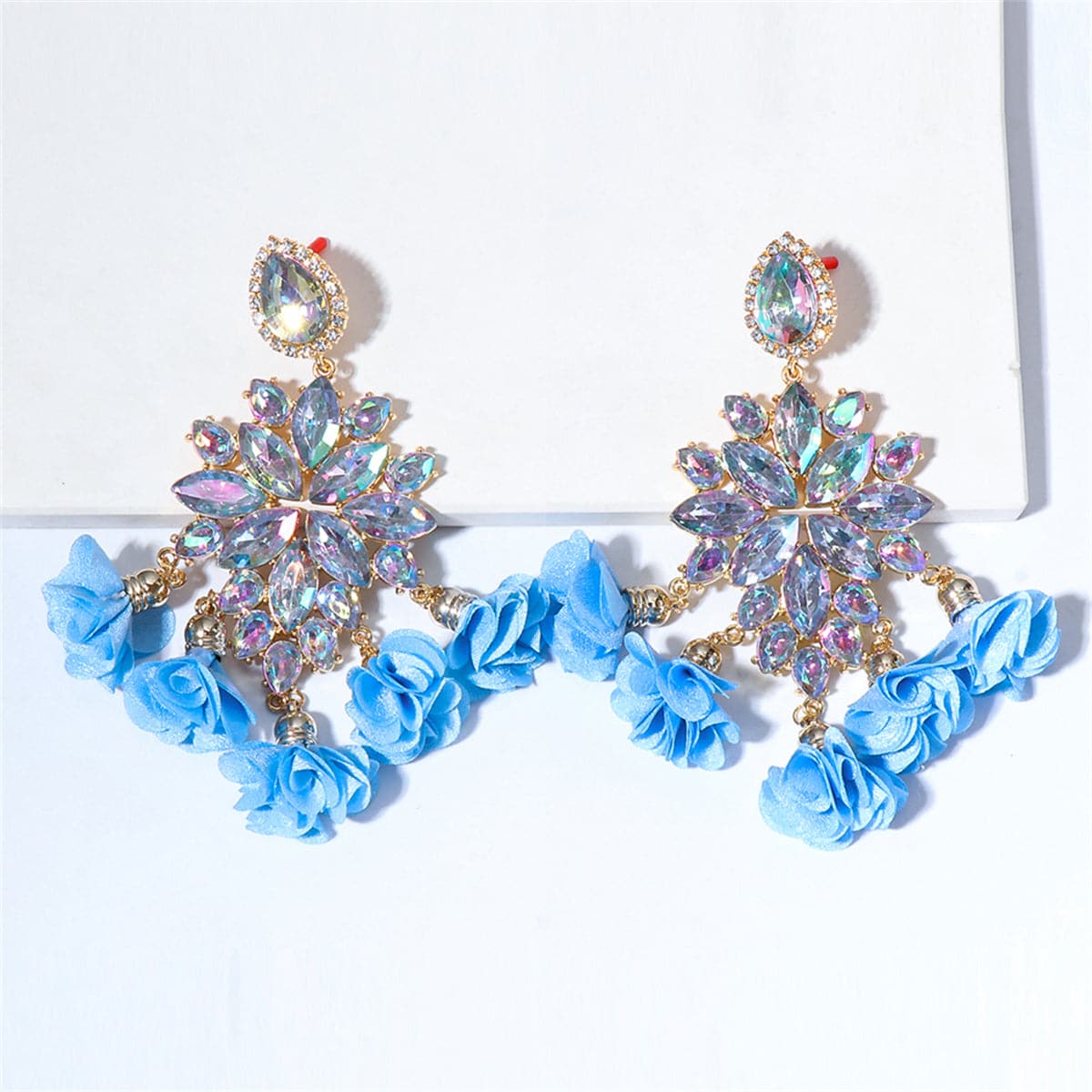 Blue Crystal & Cubic Zirconia Floral Tassel Drop Earrings