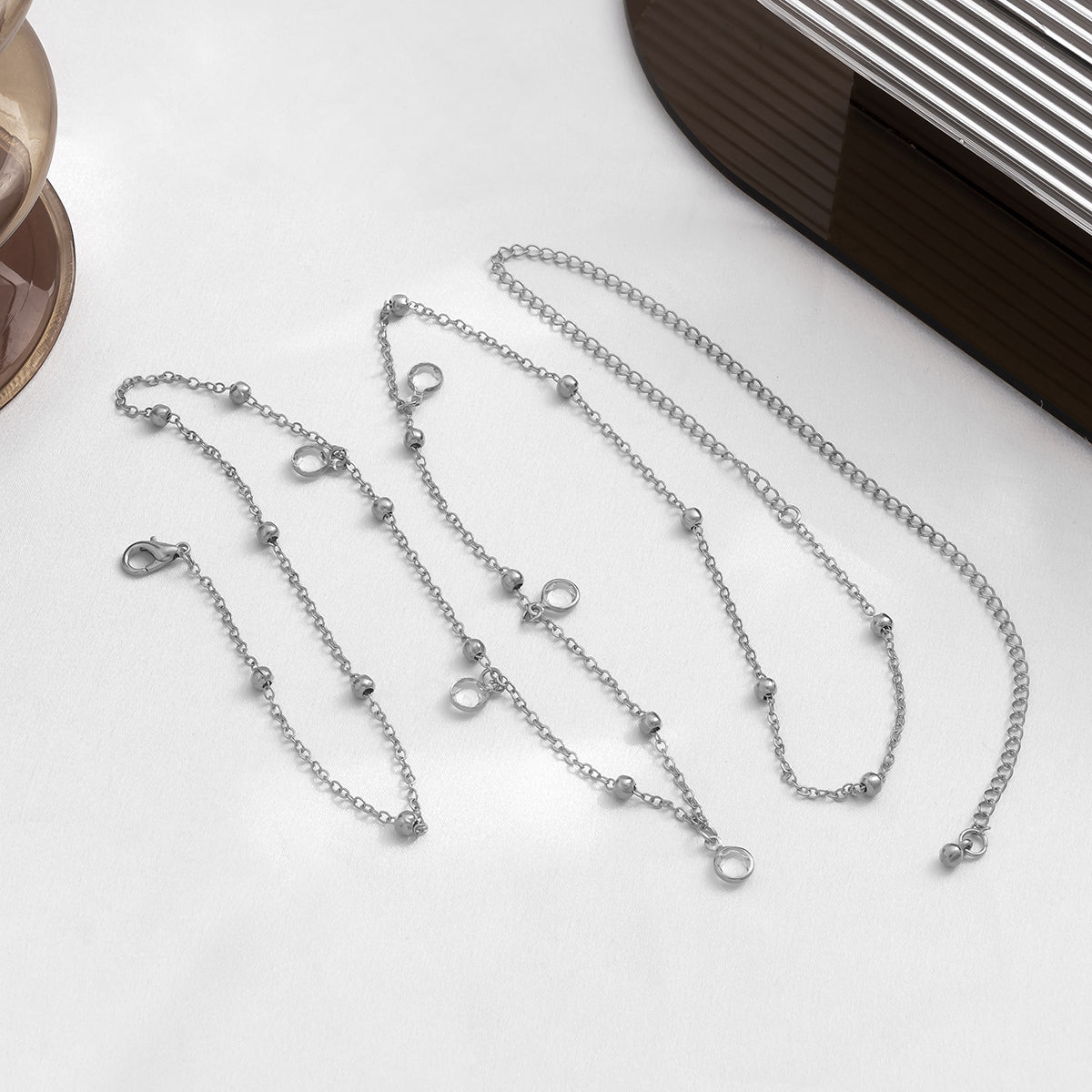 Cubic Zirconia and Silver-Plated Bead Waist Chain, silver pendant necklace for women, elegant gift for her, detail close-up