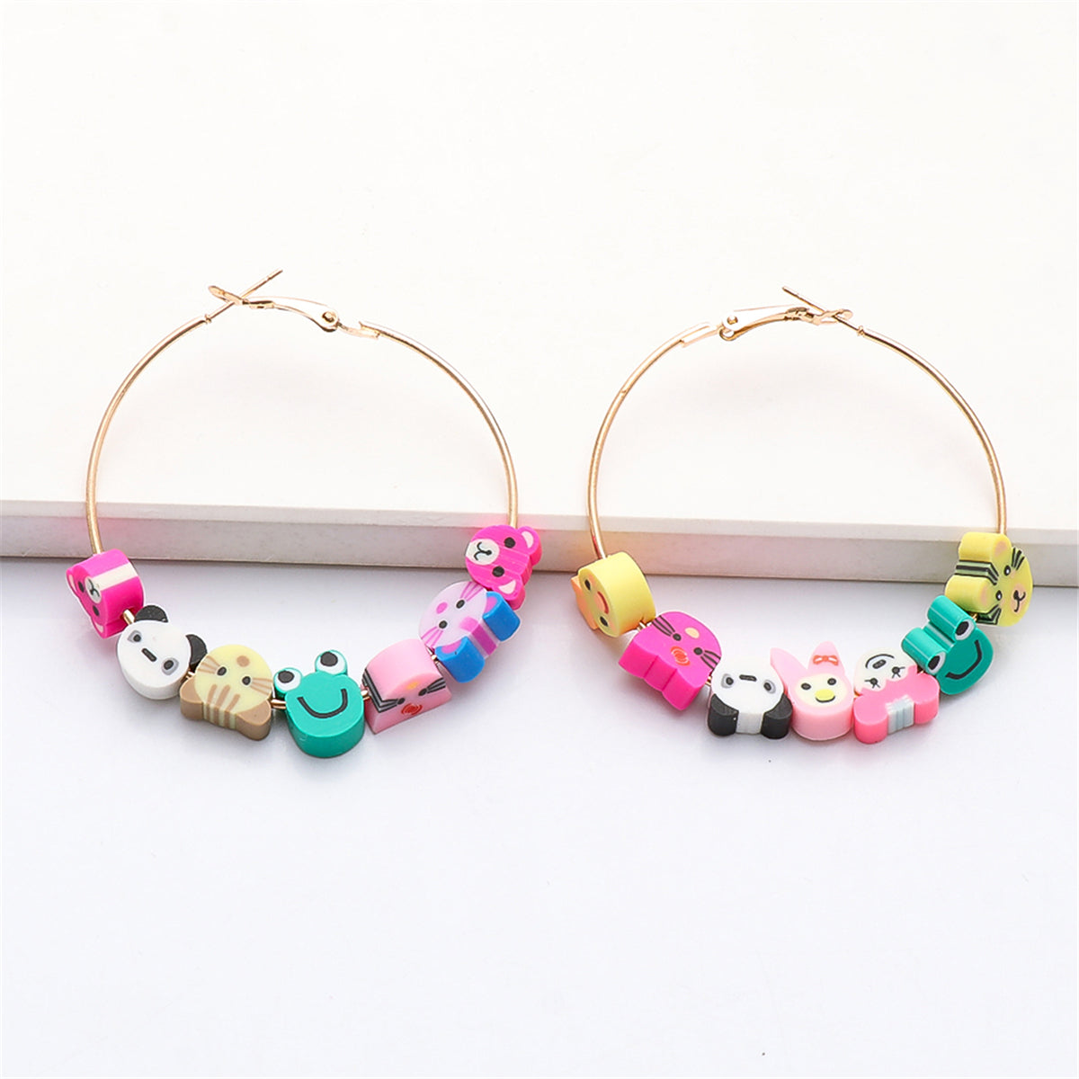 Pink Polymer Clay & 18K Gold-Plated Multi-Hued Animal Beads Hoop Earrings