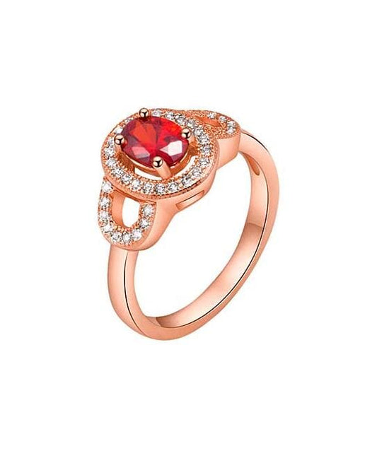 Red Crystal and Cubic Zirconia 18K Rose Gold-Plated Floral Ring, rose gold statement rings for women, front view