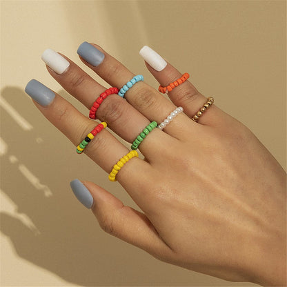 Yellow and Red Beaded Stretch Ring Set, jewelry gift sets for women, botanical inspired, side view
