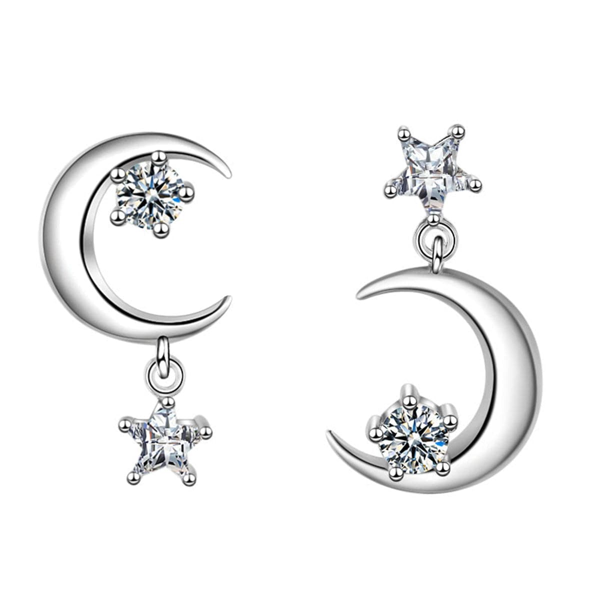 Cubic Zirconia and Silver-Plated Inverted Moon and Star Drop Earrings, silver drop earrings for women, side view
