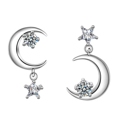 Cubic Zirconia and Silver-Plated Inverted Moon and Star Drop Earrings, silver drop earrings for women, side view