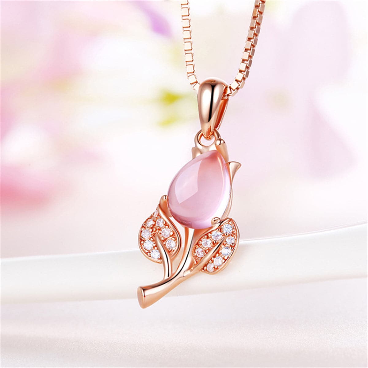 Rose Quartz & Cubic Zirconia Rose Pendant Necklace