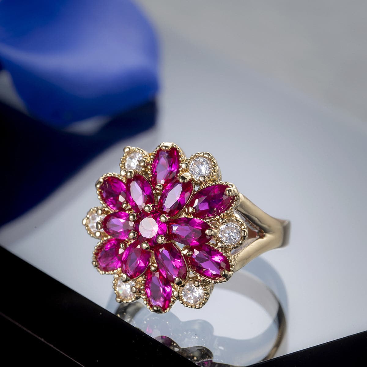 Red Corundum and Cubic Zirconia Flower Ring, statement rings for women, botanical inspired, front view