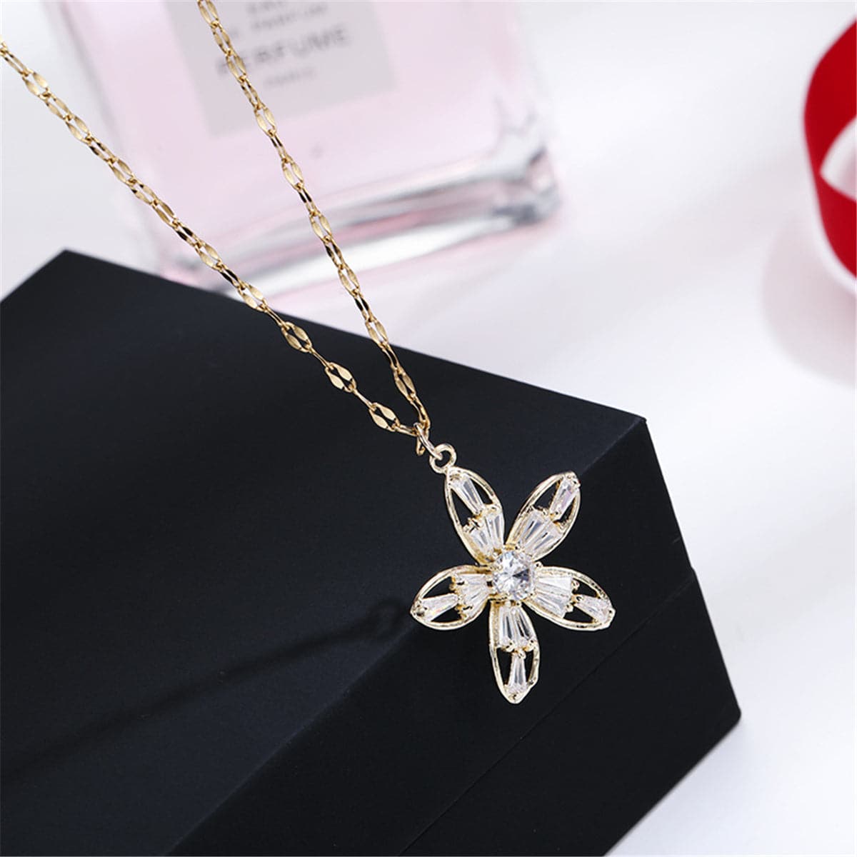 Cubic Zirconia & 18K Gold-Plated Flower Pendant Necklace