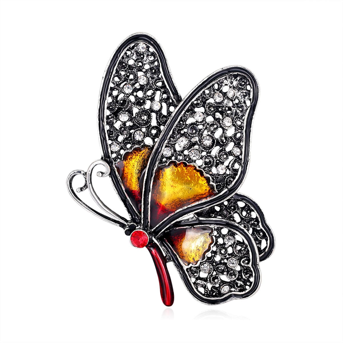 Red Cubic Zirconia and Silver-Plated Butterfly Brooch, silver brooch pin, everyday style, detail close-up