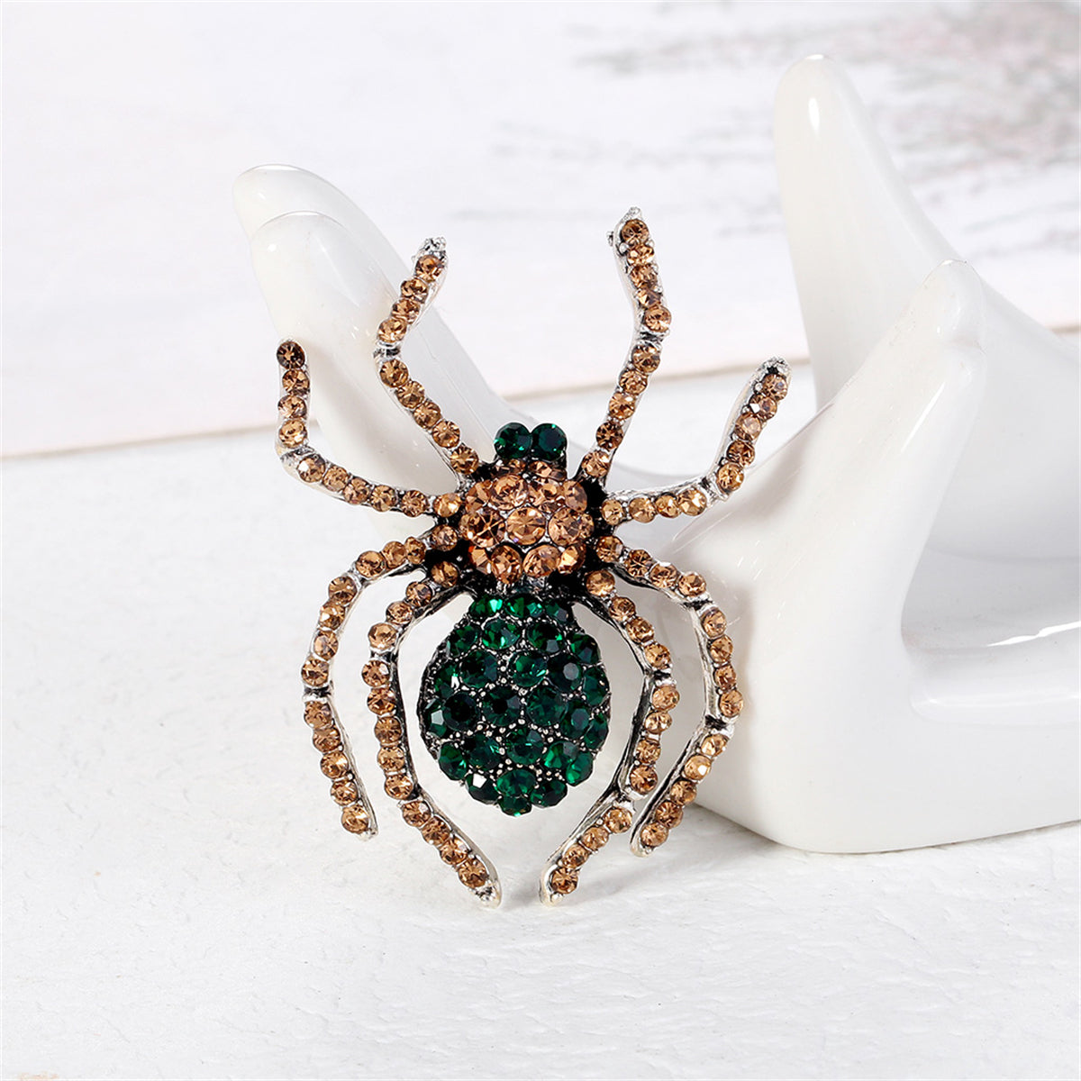 Green Cubic Zirconia & Silver-Plated Spider Brooch
