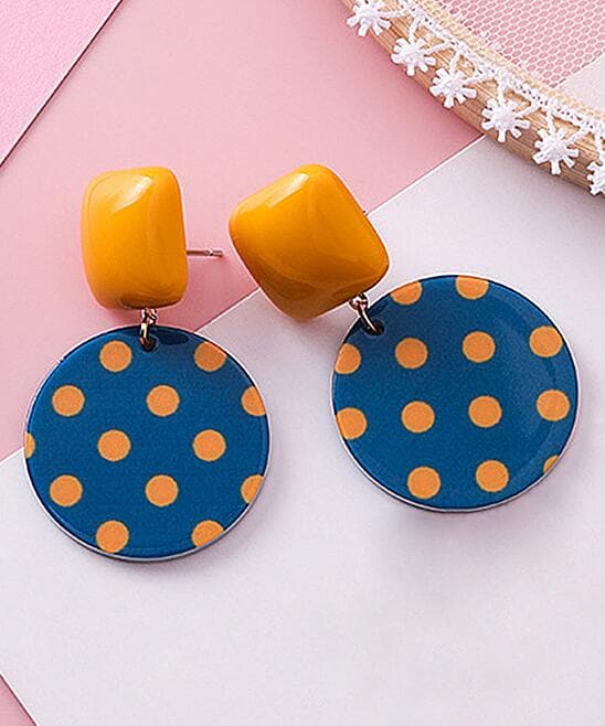 Blue and Orange Polka Dot Geometric Drop Earrings, drop earrings for women, dainty minimalist design, styled look