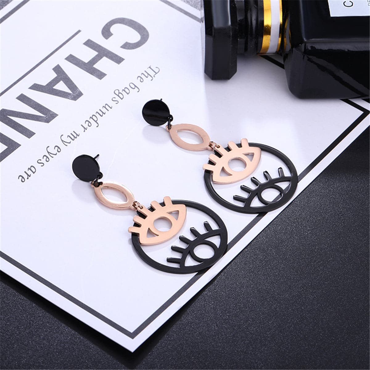Black and 18K Rose Gold-Plated Double Eyes Drop Earrings, rose gold drop earrings for women, detail close-up