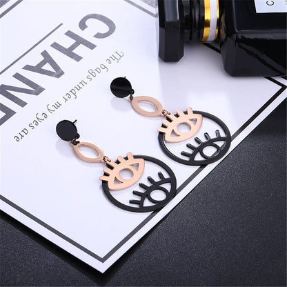 Black and 18K Rose Gold-Plated Double Eyes Drop Earrings, rose gold drop earrings for women, detail close-up