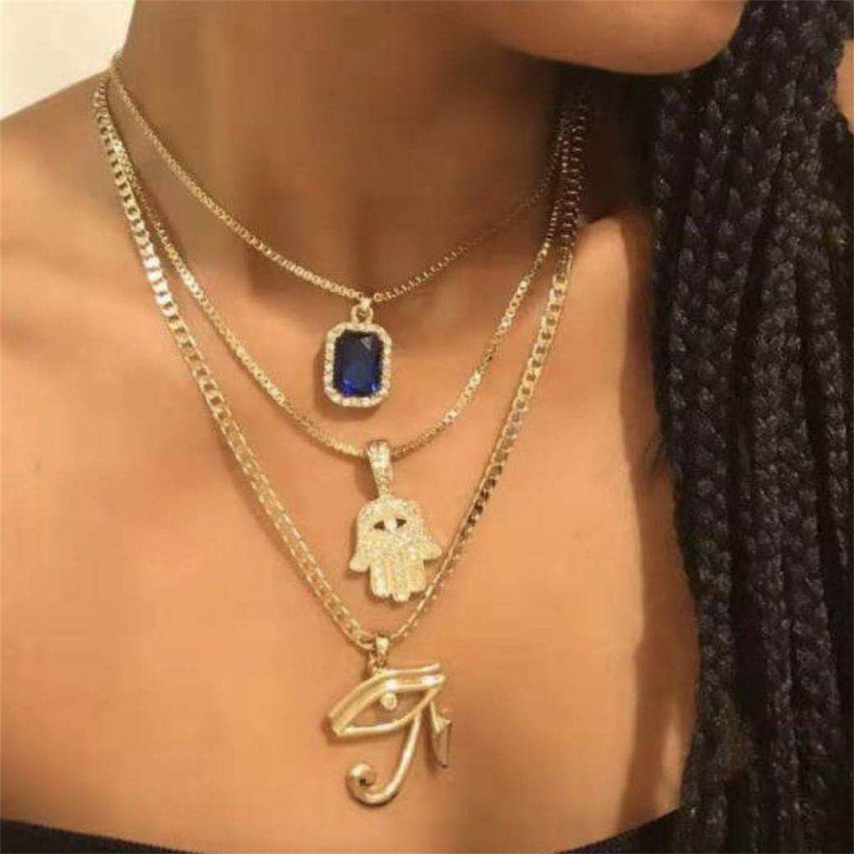 Crystal and Cubic Zirconia Hamsa Pendant Layered Necklace, pendant necklace for women, everyday style, side view