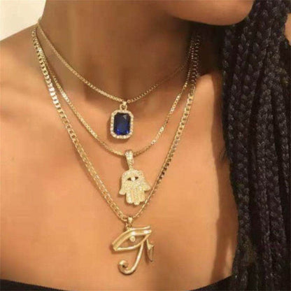 Crystal and Cubic Zirconia Hamsa Pendant Layered Necklace, pendant necklace for women, everyday style, side view