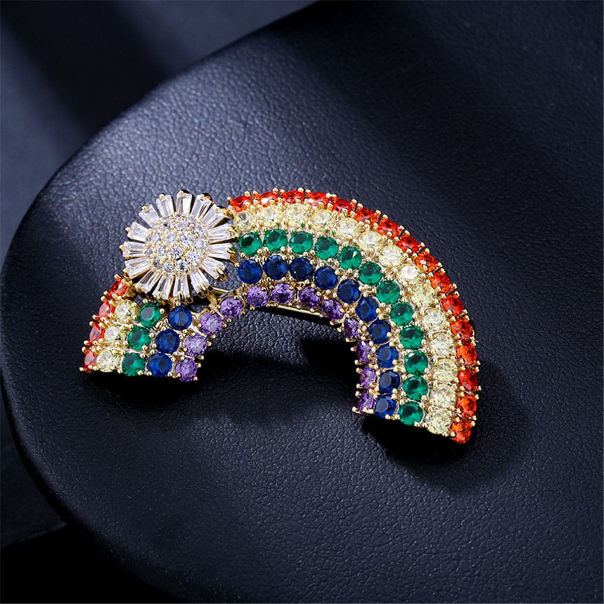 Cubic Zirconia & 18K Gold-Plated Rainbow & Sunflower Brooch