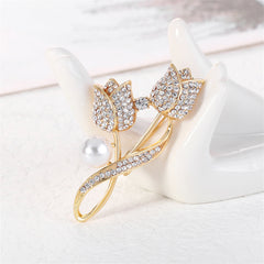 Cubic Zirconia & Pearl 18K Gold-Plated Tulips Brooch