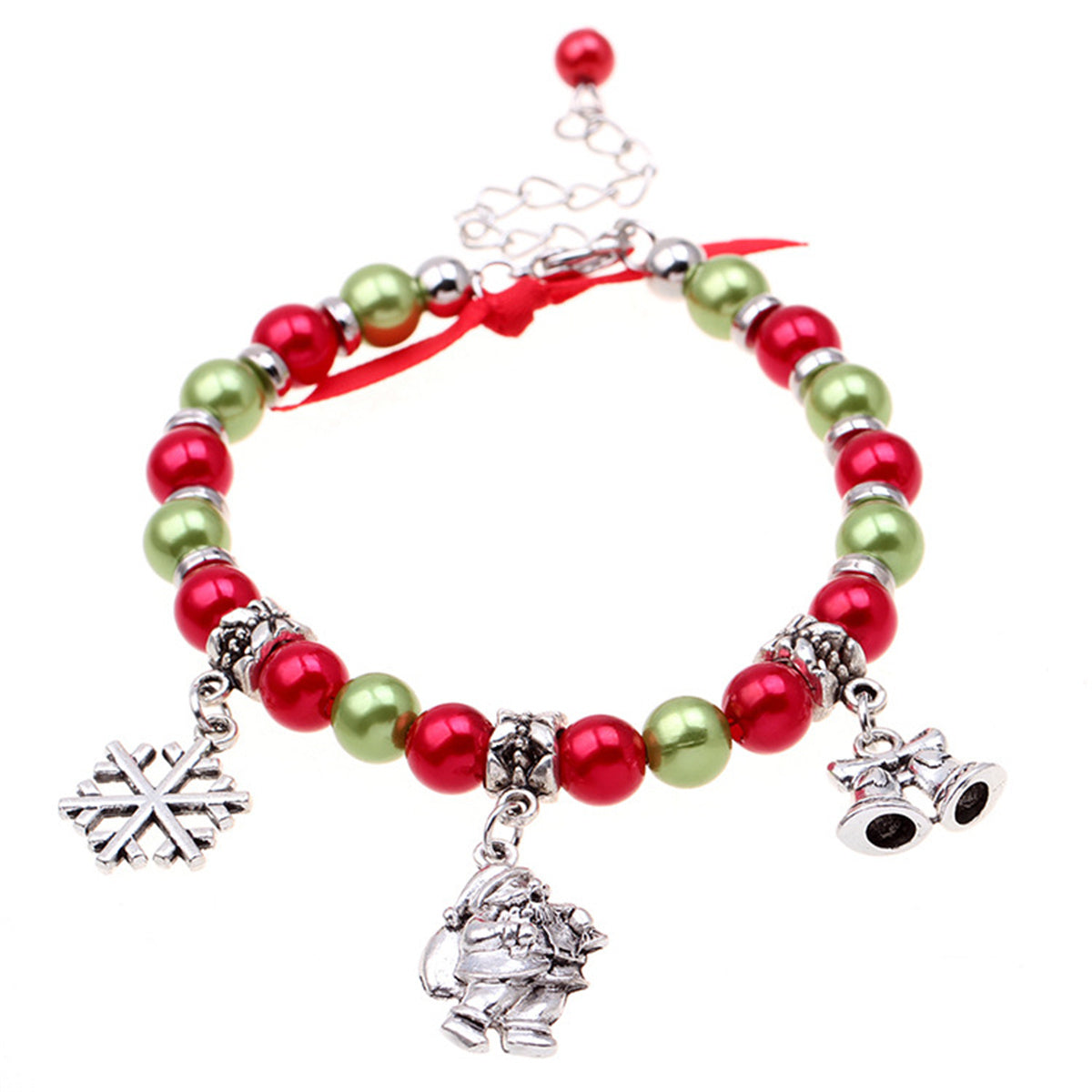 Red and Green Santa Snowflake Bell Beaded Charm Bracelet, bracelet for women, botanical inspired, front view