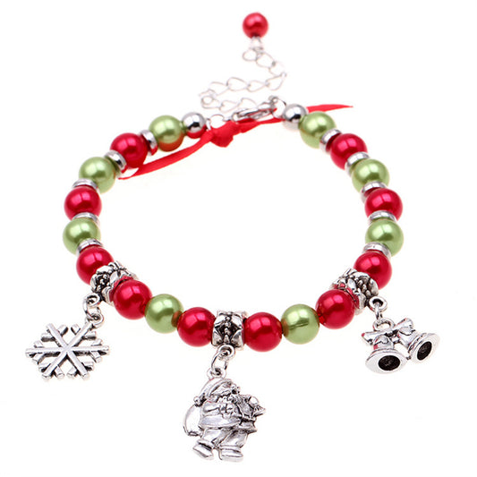 Red and Green Santa Snowflake Bell Beaded Charm Bracelet, bracelet for women, elegant gift for her, front view