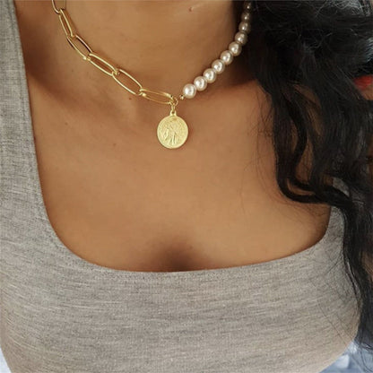 Pearl and 18K Gold-Plated Beaded Coin Pendant Necklace, gold pendant necklace for women, dainty minimalist design, side view