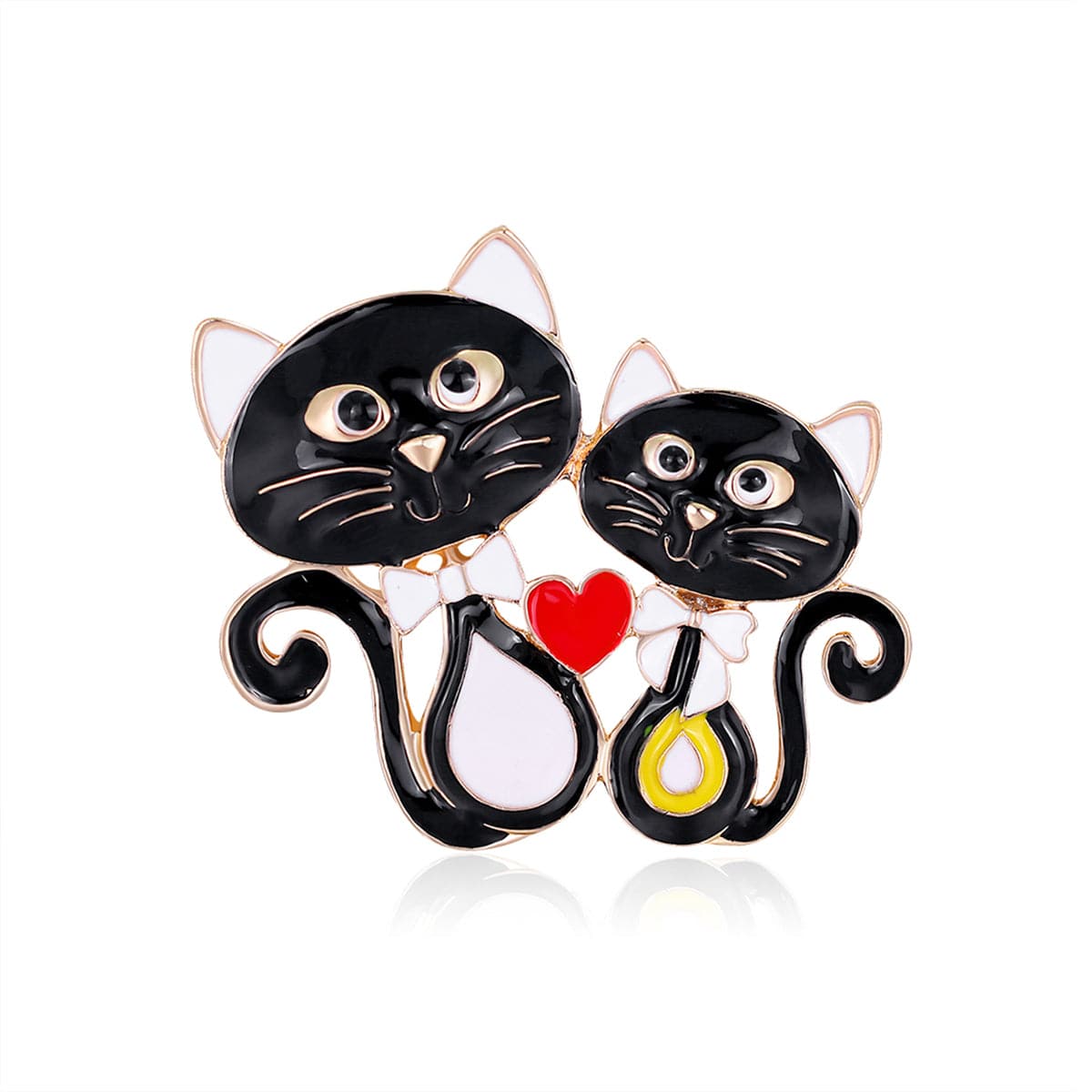 Black Enamel and 18K Gold-Plated Double-Cat Brooch, gold brooch pin, vintage-inspired design, detail close-up