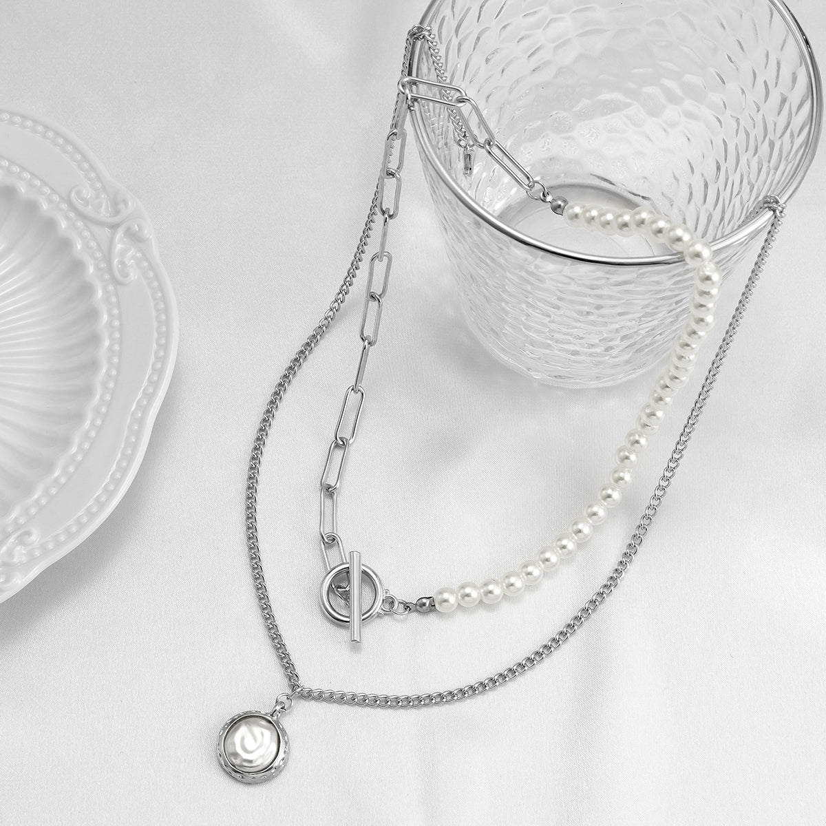 Pearl and Silver-Plated Necklace Set, jewelry gift sets for women, dainty minimalist design, lifestyle look