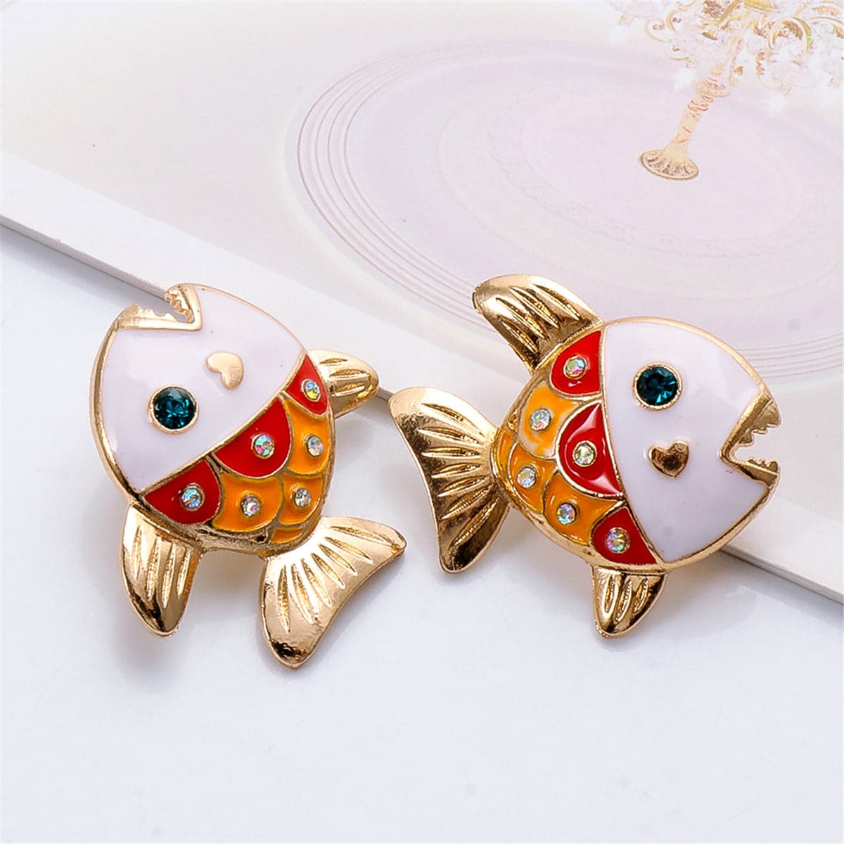 Cubic Zirconia & Enamel 18K Gold-Plated Color Block Fish Stud Earrings