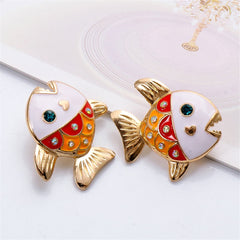 Cubic Zirconia & Enamel 18K Gold-Plated Color Block Fish Stud Earrings