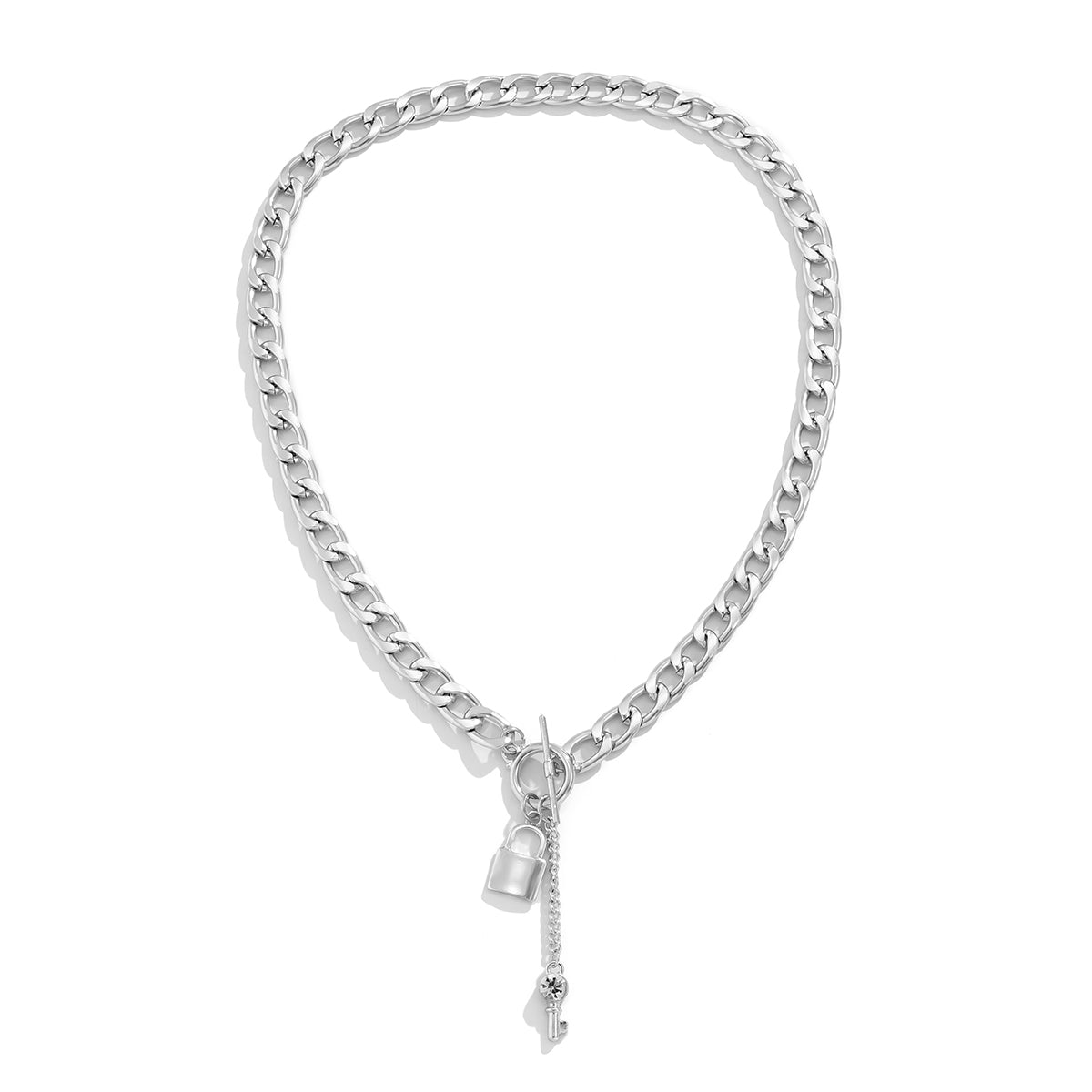Cubic Zirconia and Silver-Plated Lock Chain Necklace, silver pendant necklace for women, everyday style, styled look