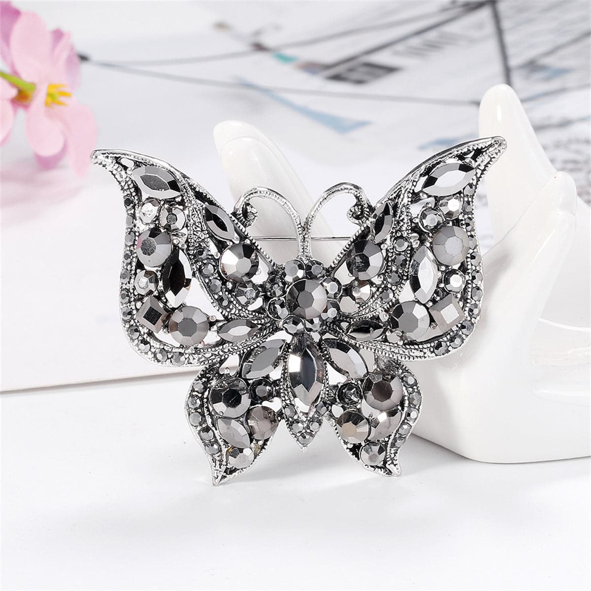 Black Crystal & Cubic Zirconia Silver-Plated Butterfly Brooch