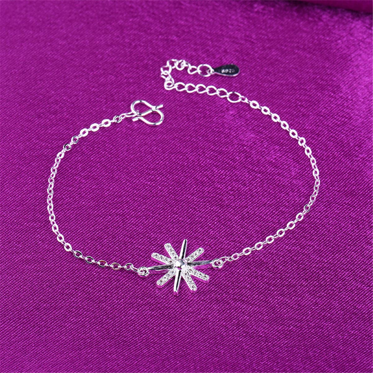 Cubic Zirconia and Silver-Plated Snowflake Charm Anklet, silver anklet bracelet, everyday style, front view