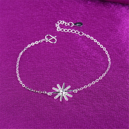 Cubic Zirconia and Silver-Plated Snowflake Charm Anklet, silver anklet bracelet, everyday style, front view